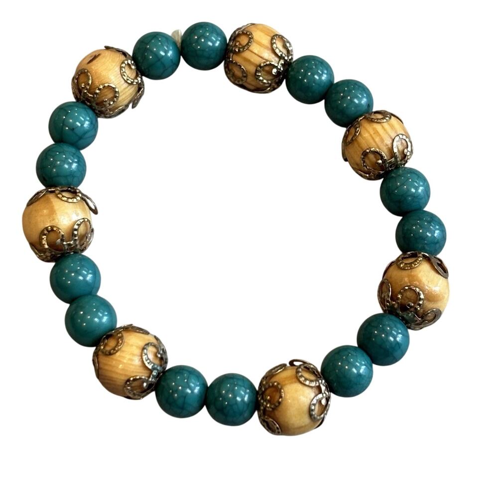 Green Faux Malachite Stone Stretch Bracelet Gold Tone Swirl Caps on Wood Beads